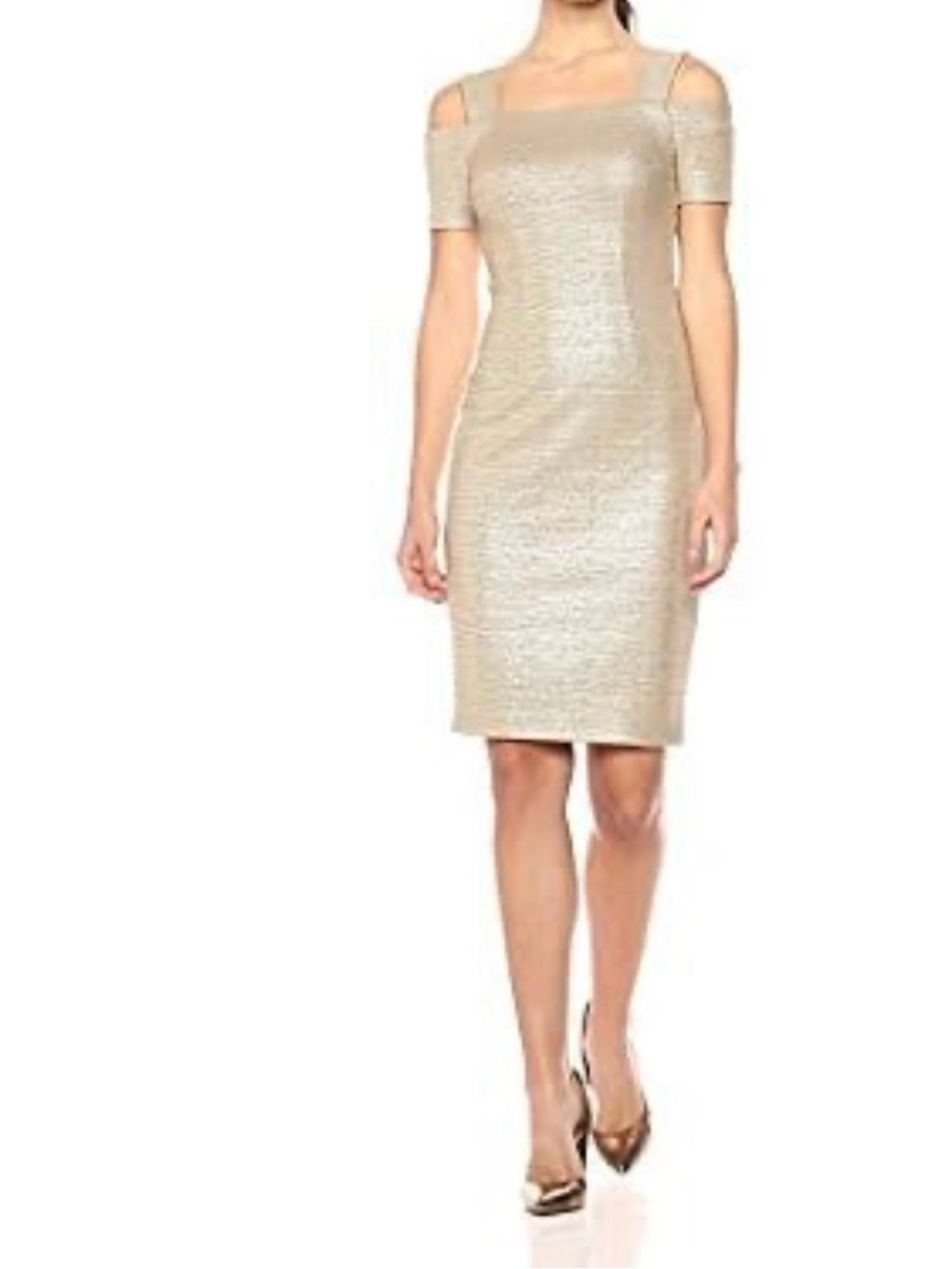 Nicole Miller Beige Cold-Shoulder Midi Bodycon Dress